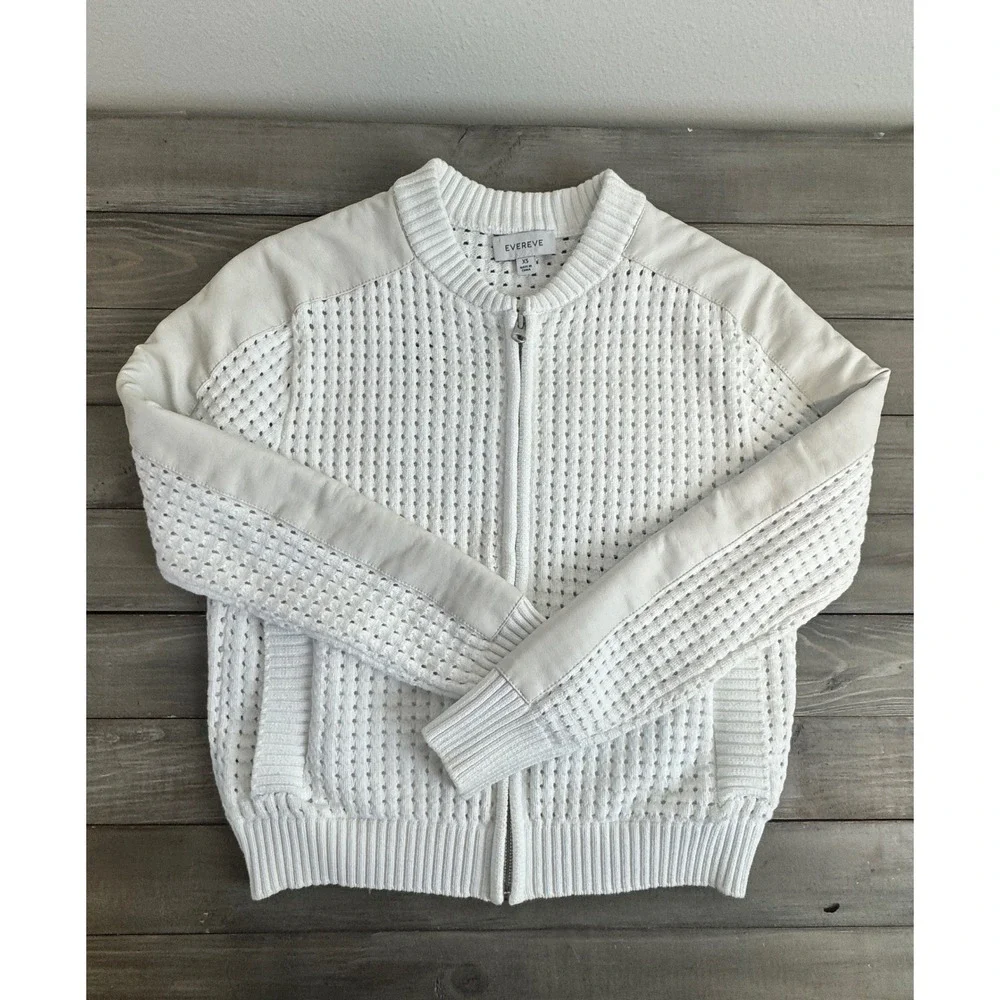 Evereve Harlow White Pointelle Open Knit Bomber Jacket Faux Leather Trim XS